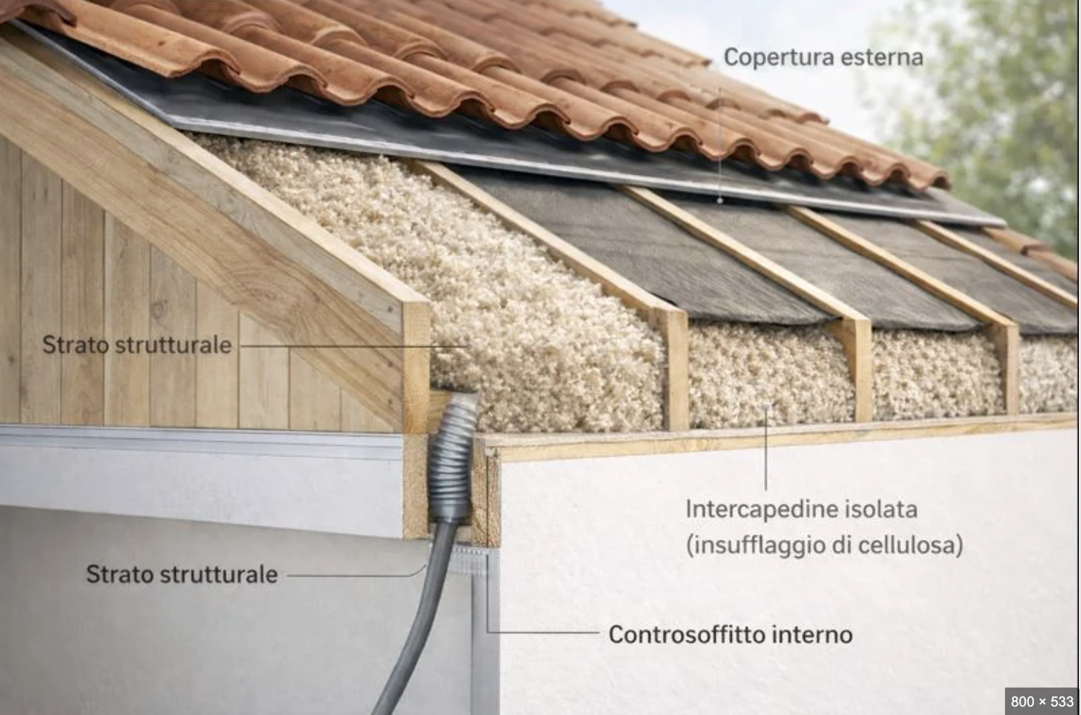 Schema tecnico con dettagli dell'isolamento termico a insufflaggio e strati di materiale